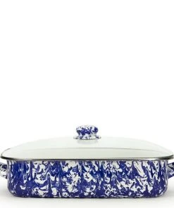 Hot Sale ???? Golden Rabbit Enamelware 16" X 12.5" Roasting Pan With Lid | Cobalt Swirl Blue, White & Blue ???? -Cuisinart Shop cb15
