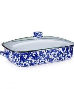 Hot Sale ???? Golden Rabbit Enamelware 16" X 12.5" Roasting Pan With Lid | Cobalt Swirl Blue, White & Blue ????