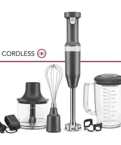 Outlet ✔️ KitchenAid Variable Speed Cordless Hand Blender + Chopper & Whisk Accessories | Matte Charcoal Grey Gray ⌛